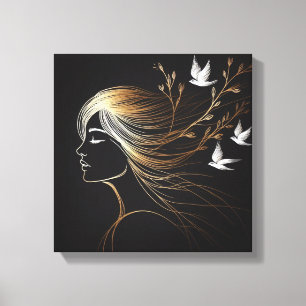 Toile Ligne Féminine avec Oiseaux et Branches en Or