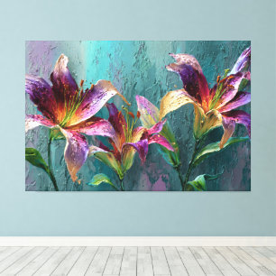 Toile Lilies violettes, roses, jaunes et blanches avec d