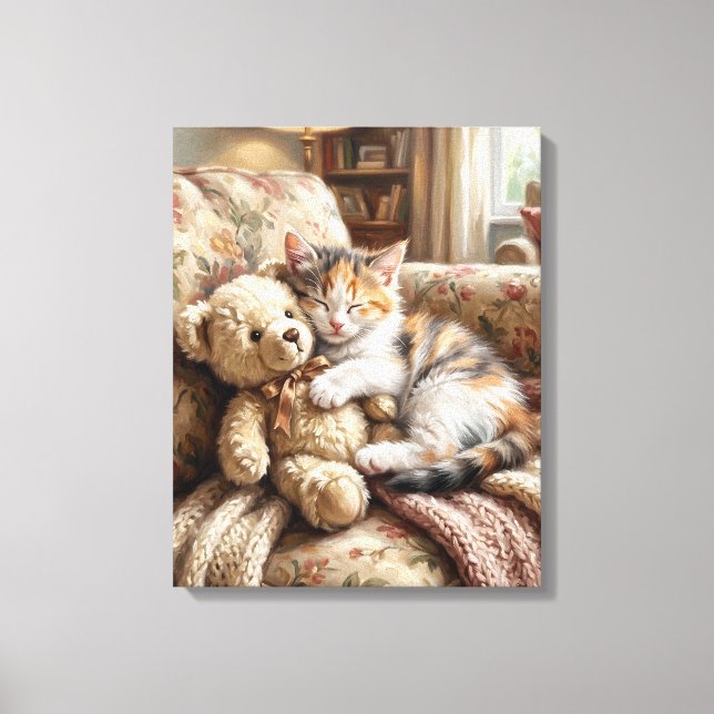 Toile Lindo Gatito Durmiendo con Oso de Peluche (Recto)