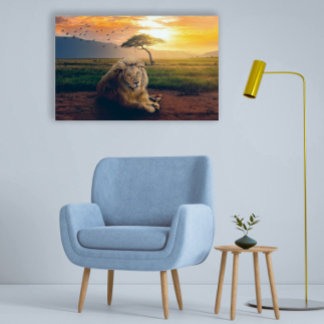 Toile Lion majestueux en Afrique au coucher du soleil