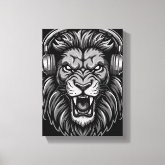 Toile Lion rugissant féroce avec casque audio monochrome