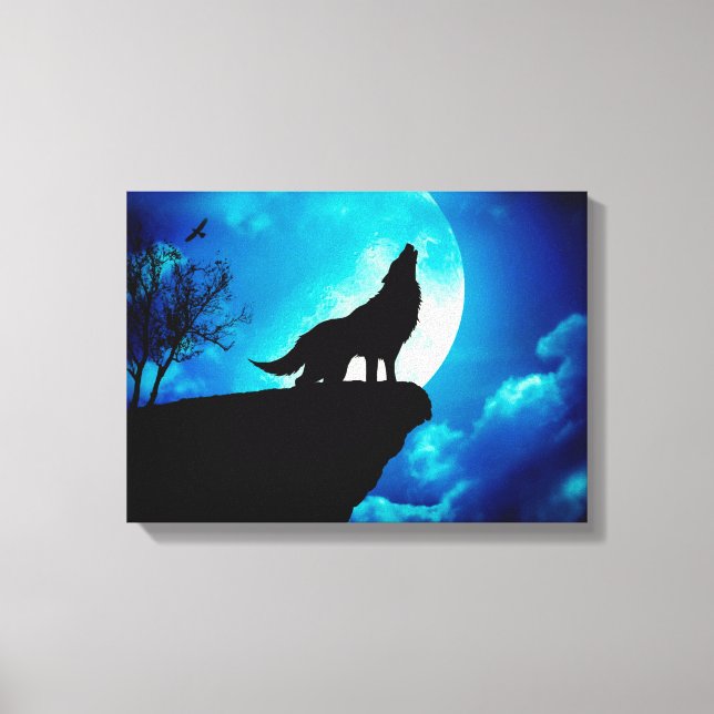 Toile Loup en silhouette hurlant à la pleine lune (Recto)