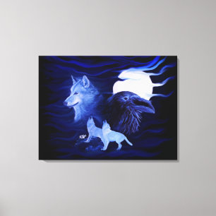 Toile Loup et corbeau avec pleine lune