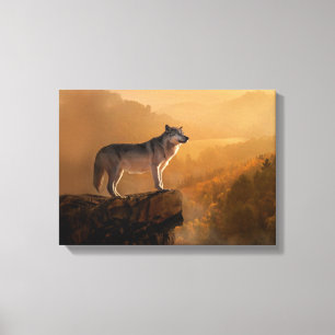 Toile Loup gris debout sur une roche dans la forêt