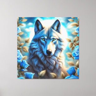 Toile Loup solitaire dans le jardin Rose bleu enchanté