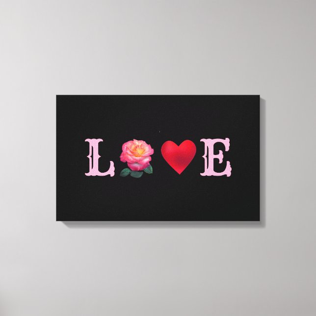 Toile Love Coeur et Fleur Rose sur Noir (Recto)