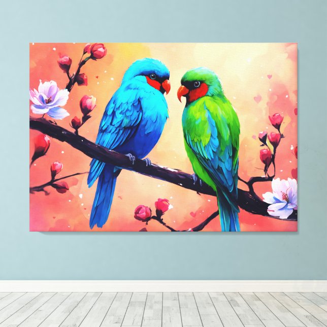 Toile Lovebirds parmi les fleurs (Insitu (Plancher de Bois))