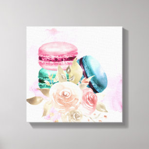 Toile Macarons et fleurs colorés Aquarelle