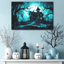 Maison Halloween hantée au crépuscule bleu