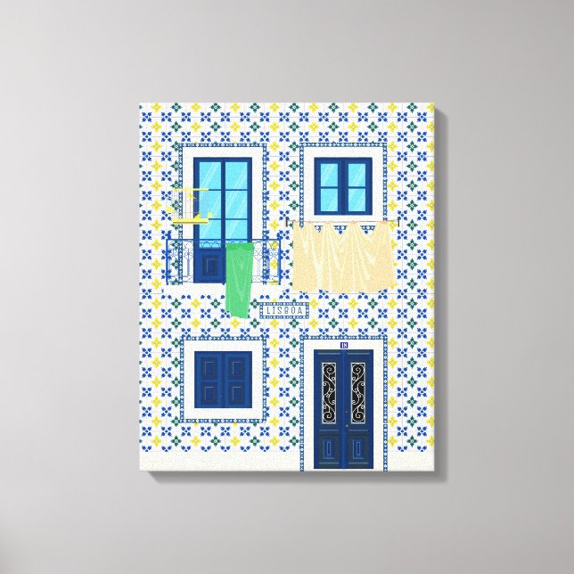 Toile Maison portugaise de Lisbonne avec tuiles et oisea (Recto)