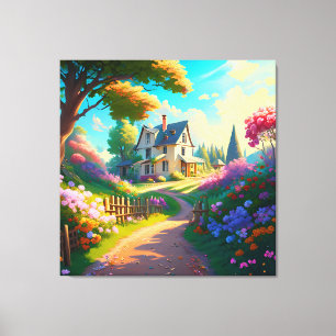Toile maison rurale avec jardin fleuri