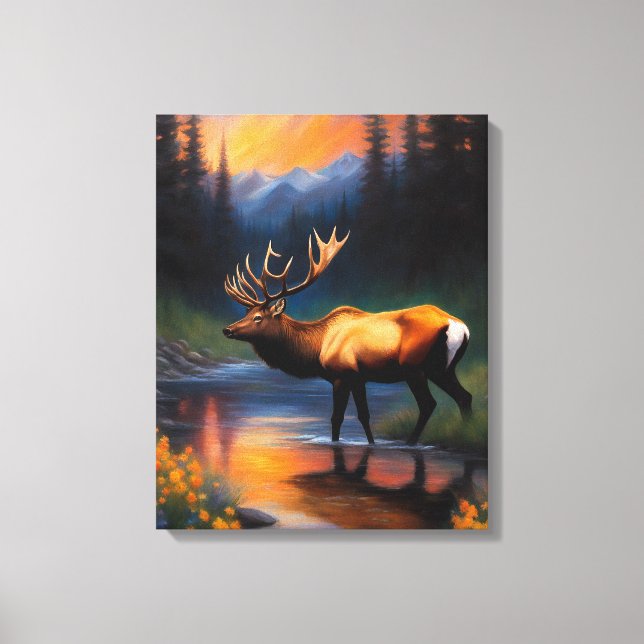 Toile Majestic Elk Standing Mountain Steam Peinture (Recto)