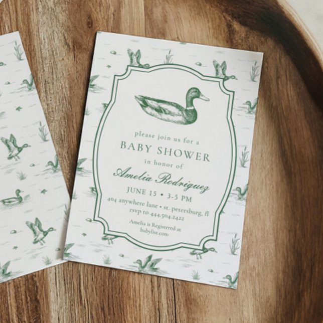Toile Mallard Duck Neutral Gingham Baby Shower Invitation (Creator Uploaded)