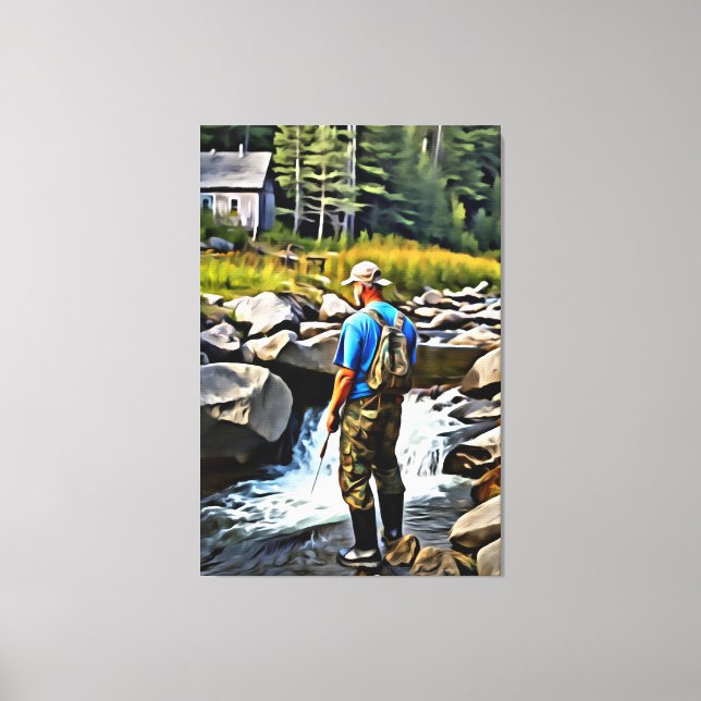 Toile *~* Man Fishing Stream Nature AP49 Cabine (Recto)