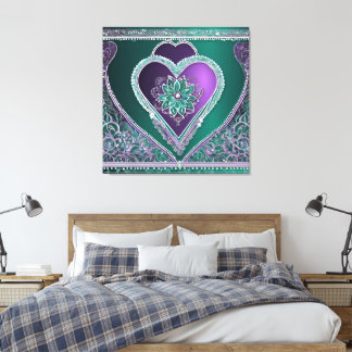 Toile Mandala cœur orné de pierres précieuses sarcelle e