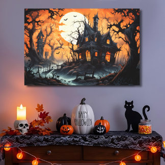 Toile Manoir hanté d'Halloween à l'aube ambrée