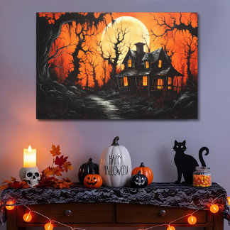 Toile Manoir hanté d'Halloween à l'aube ambrée