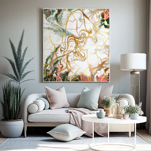 Toile Marbre Abstrait peint vert foncé or rose