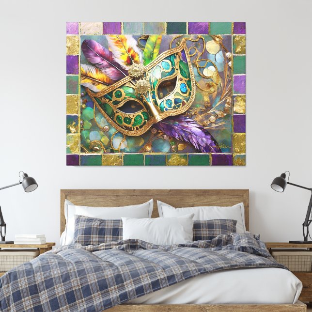 Toile Mardi Gras Masque de plumes vert et doré (Insitu(Chambre))