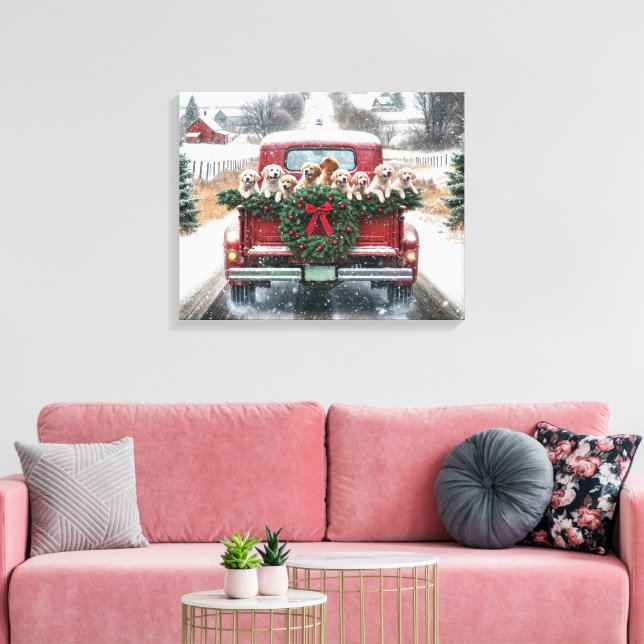 Toile Marionnettes Golden Retriever En Camion Rouge Noël (Insitu(Salon))