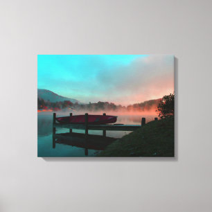 Toile Matin sur le lac avec un canoë.