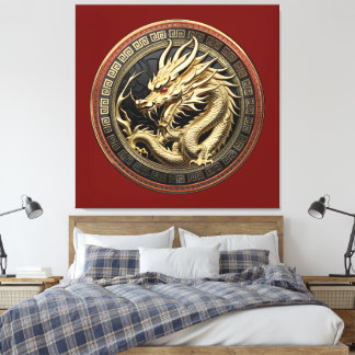 Toile Médaillon de dragon sacré oriental en or
