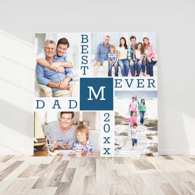 Toile Meilleur papa Ever 4 Photo Collage Bleu Blanc Carr (Créateur téléchargé)