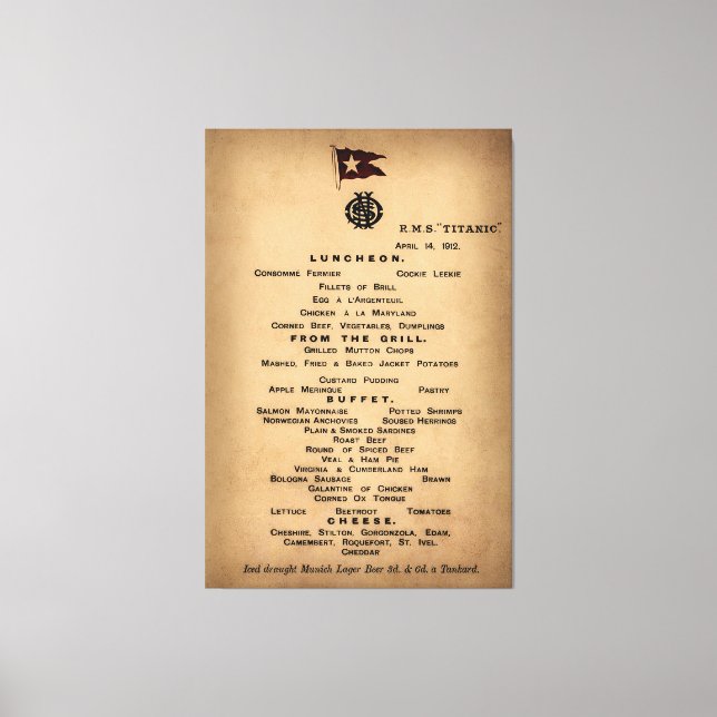 Toile Menu du déjeuner final TITANIQUE 1912 (Recto)