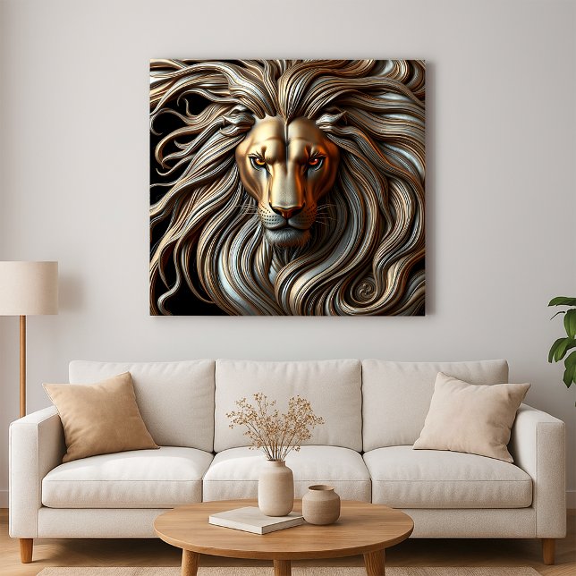 Toile Metallic Lion Head with Fiery Eyes and Gold Mane (Créateur téléchargé)