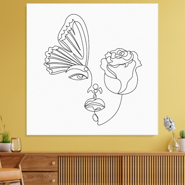 Toile Métamorphose - Papillon Abstrait & Rose Line Art (Insitu(Salon))
