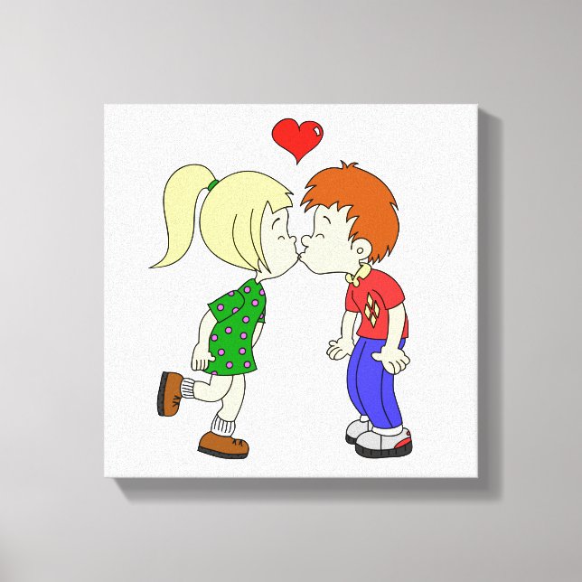 Toile Mignon garçon fille baiser enfants dessin animé (Recto)