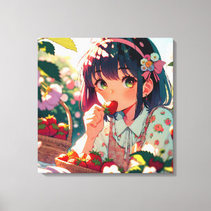 Toile Mignonne Anime Girl Mange des fraises   Jour d'été