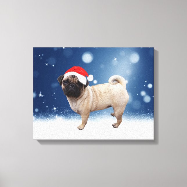 Toile Mignonne chien Carlin Noël Père Noël Chapeau Neige (Recto)