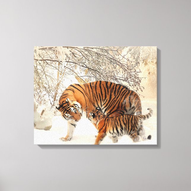 Toile Mignonne Mère Tigre avec bébé en neige (Recto)