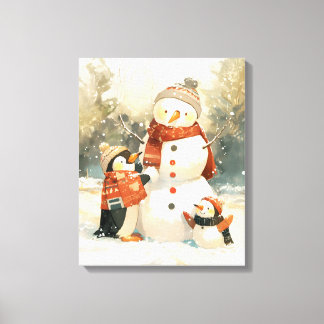 Toile Mignons Manchots & Bonhomme de Neige – Aquarelle d