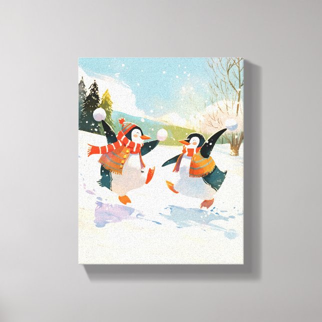 Toile Mignons Pingouins Jouant dans la Neige Décoration  (Recto)