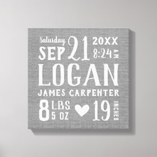 Toile Moderne Rustique Baby Birth Stats Nursery Art