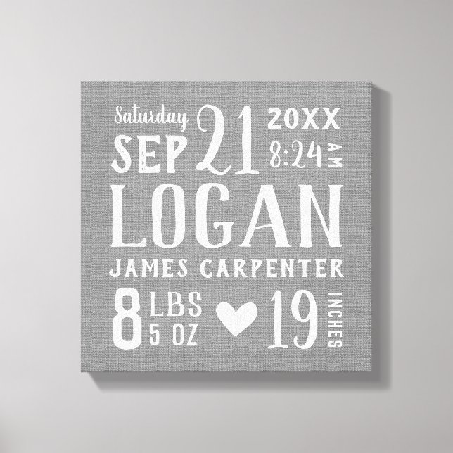 Toile Moderne Rustique Baby Birth Stats Nursery Art (Recto)