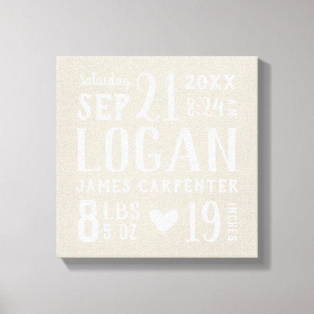 Toile Moderne Rustique Baby Birth Stats Nursery Art (Recto)