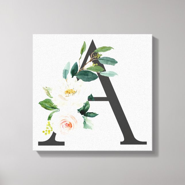Toile Monogramme Art Print, Floral Letter A, Cadeau Mari (Recto)
