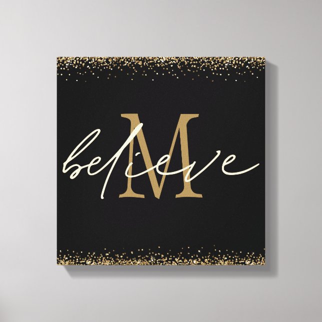 Toile Monogramme Initial Croire Script Paillettes Or Noi (Recto)