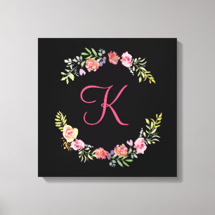 Toile Monogramme Rose, Jaune et Vert Floral Aquarelle
