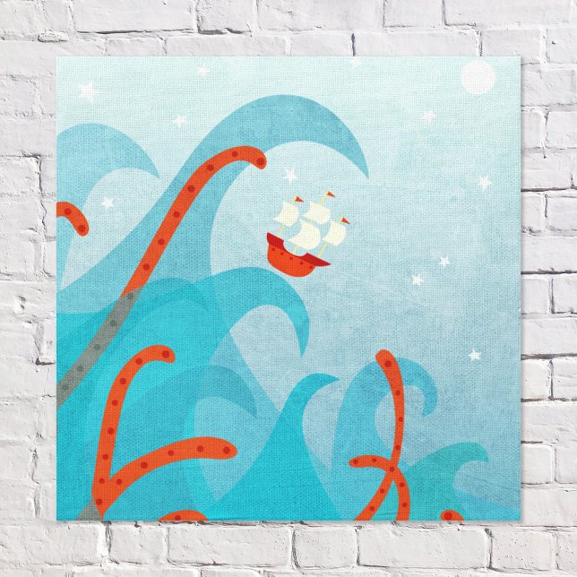 Toile Montre marin de voilier (Sailing Boat and Sea Monster fun wall art)