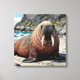 Toile Morse mignon sur une plage de sable