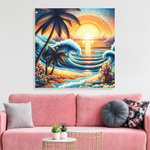 Toile Mosaic Ai Art Coucher de soleil et palmiers océa