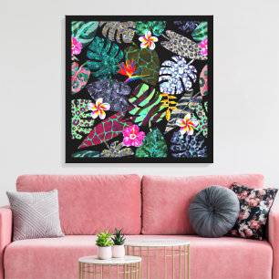 Toile Motif de feuilles et de fleurs tropicales vibrante