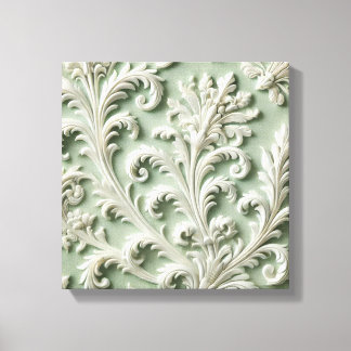 Toile Motif floral en damas blanc sur fond vert doux