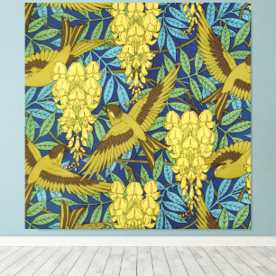 Toile Motif floral vintage bleu marine et jaune