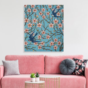 Toile Motif rétro de l'hirondelle à fleurs bleues par Wa