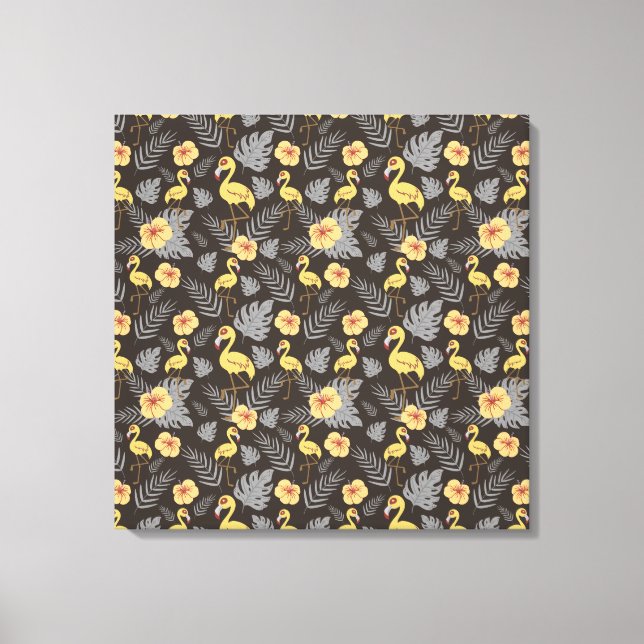 Toile motif sans couture Flamant rose avec fleurs et feu (Recto)